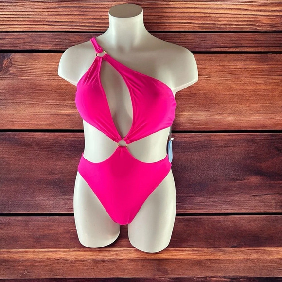 Stunning Bright Pink Hilinker O-Ring Cutout Halter Swimsuit - Picture 2 of 8